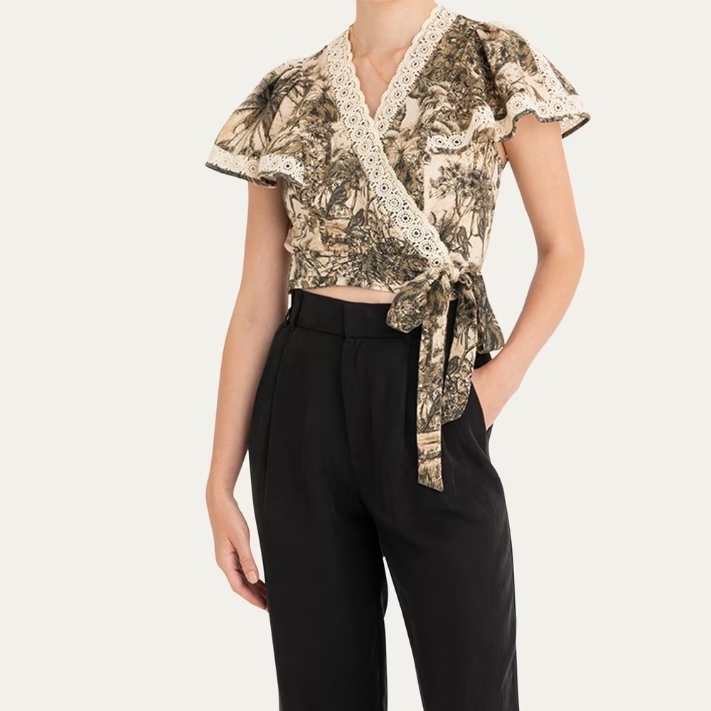 Secret Mission Marianne Embroidered Wrap Top Blouse Size Large Green Tropical